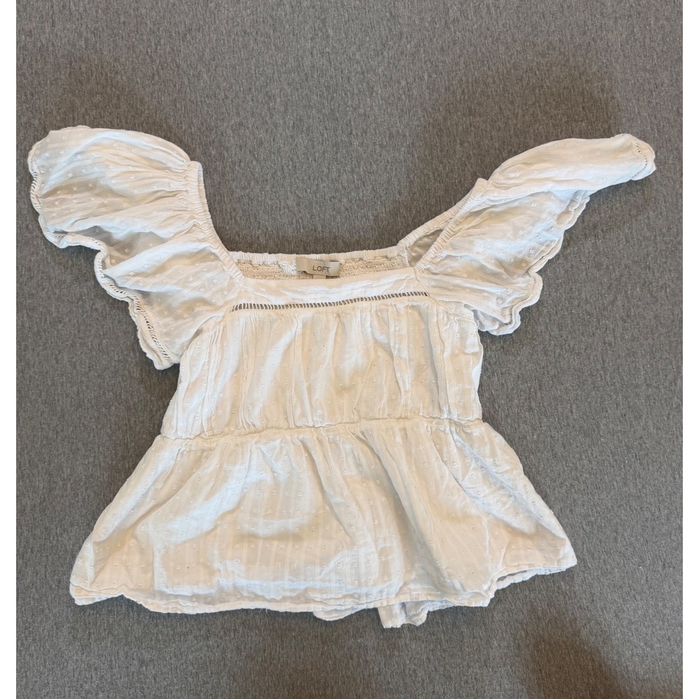 LOFT White Cotton Dobby Flutter Sleeve Smocked Peplum Top Small RN140923